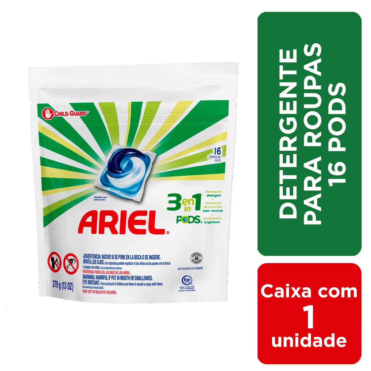 Detergente Lava Roupas Ariel 3 Em 1 Pods - 16 Cápsulas: Limpeza Completa e Prática para suas Roupas